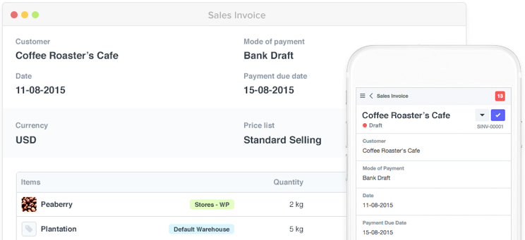 ERP software invoice screen showing customer details, payment fields, and item quantities